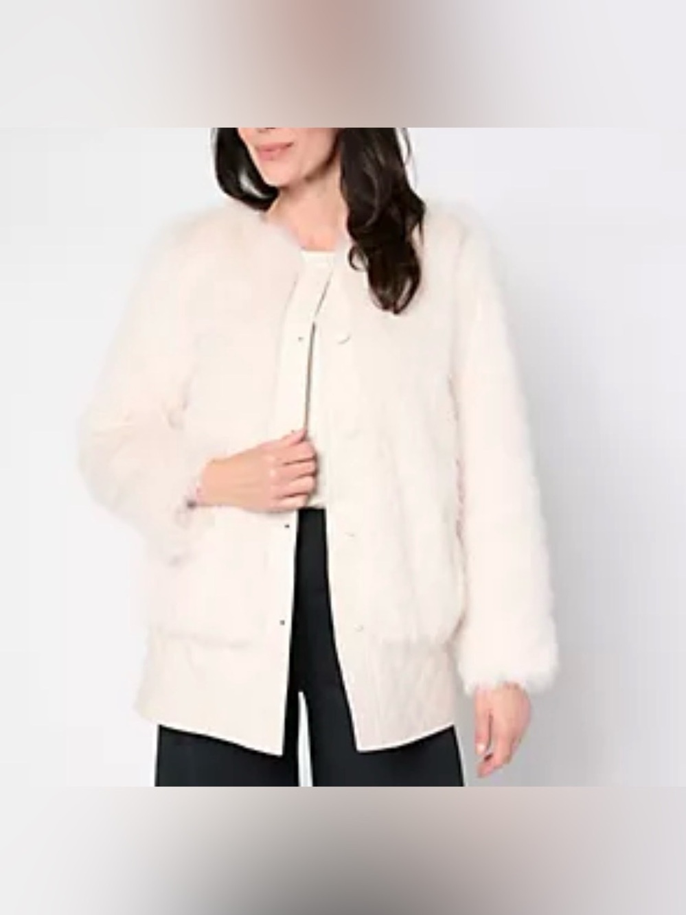 Dennis Basso Long Hair Faux Mink Coat with Faux Leather Beige Medium NWT